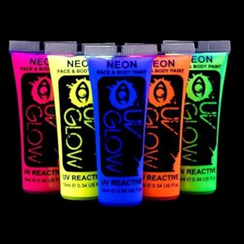 UV-Bodypaint Körpermalfarben Schwarzlicht fluoreszierende Schminke Bodypainting Neon Farben Leuchtfarben (10ml x5)