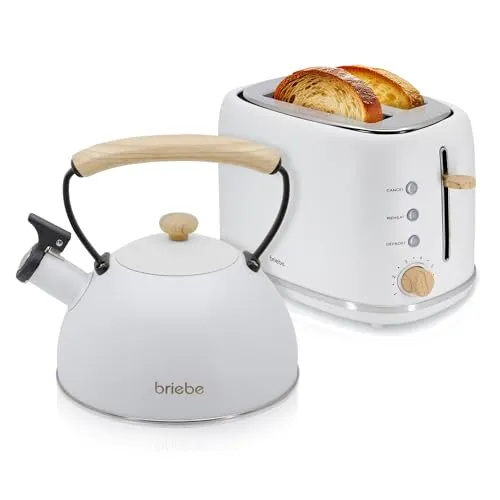 briebe Nordic Set Toaster & Wasserkocher - NORDIC DESIGN FRÜHSTÜCKSSET: Stilvoller Toaster mit breiten Schlitzen und 6 Toaststufen, sowie ein 2,3L Edelstahl Wasserkocher für perfekten Genuss in jeder Küche.
