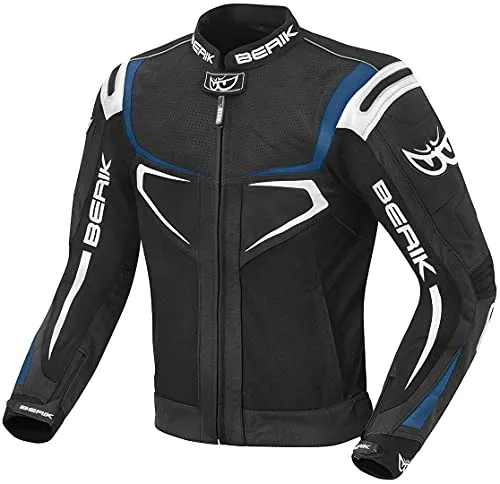 Berik Radic Motorrad Leder- / Textiljacke, schwarz-weiss-blau, Größe 48 - Motorradjacke aus 1,1-1,3 mm Premium Rindsleder mit flexiblen Tense-Tex Einsätzen für optimalen Komfort und Bewegungsfreiheit.