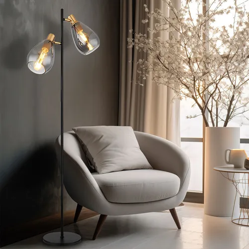Stehleuchte Rauchglas Retro schwarz mit 2 E27 Fassungen - Elegante Stehleuchte im Retro-Design, ideal für Wohnzimmer. Mit zwei E27 Fassungen für individuelle Lichtgestaltung und praktischem Fußschalter.
