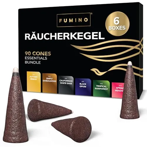 Fumino Räucherkegel-Set Essentiell Multipack - Frische Räucherkerzen mit Masala Agarbatti Joss Räucher Duft - 6 Boxen, 90 Räucherkegel - Räucherpyramiden Weihrauch für Entspannung & Meditation