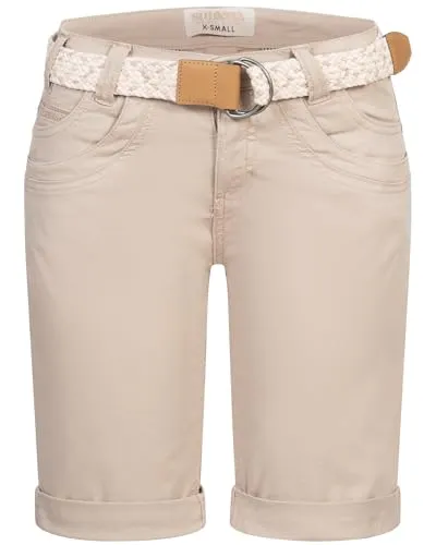 Stitch & Soul Damen Short Bermuda Kurze Hose Sommer Chino Stoff Hose mit Gürtel, Hosengröße:XXL / 44, Farbe:Light Sand