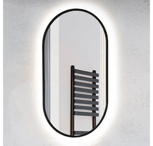 Lomadox Badspiegel MIRROR-56 – Ovaler LED Badezimmer Spiegel in Schwarz - Ovaler LED Spiegel (B/H/T ca. 50/90/3,5 cm) für stilvolles Badezimmer-Design. Mit warmer Beleuchtung für perfekte Sichtverhältnisse und entspannende Atmosphäre. Hochwertige Materialien und einfache Montage.