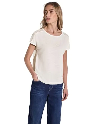 STREET ONE T-Shirt mit Spitzendetail in Gr. 44, off white - Kombistarkes T-Shirt für Frauen mit schicker Spitze. Hüftbedeckender Schnitt, ideal für Arbeit und Freizeit. Der elastische, weiche Jersey sorgt für hohen Tragekomfort.