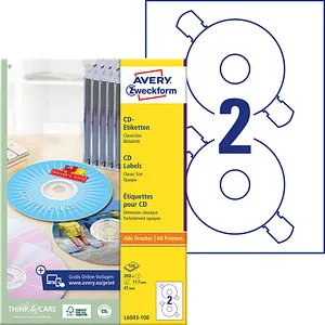 AVERY Zweckform CD-Etiketten - 100 Blatt für 200 CDs - CD- & DVD-Beschriftungen, hochwertige Etiketten für professionelle Beschriftung und Organisation Ihrer CDs, perfekt für Zuhause und Büro.