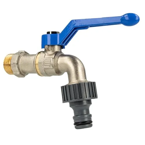 tecuro | Kugelauslaufhahn | Kugelventil | Wandanschluss 1/2 Zoll AG | mit Steckkupplung Schlauchtülle Teflonband | Formstahlhebel blau | DVGW geprüft | Messing | vernickelt | 22622T
