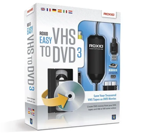 Roxio Easy VHS to DVD 3 DEUTSCH #BOX - Multimedia-Software für PC, konvertiert VHS-Kassetten in digitale DVDs, unterstützt mehrere Sprachen und alle gängigen Windows-Versionen.