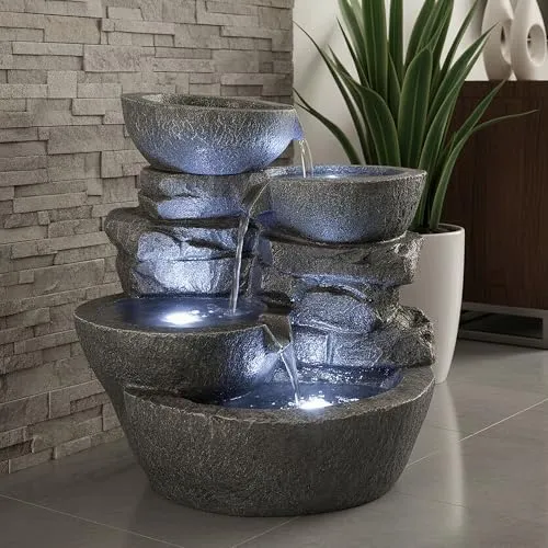 Großer Zimmerbrunnen mit LED Beleuchtung - Tischbrunnen für Innen und Außen, mit eindrucksvollem Lichtspiel durch 3 LED-Spots und energiesparendem Betrieb (ca. 8 W) - ideal für dekorative Akzente.