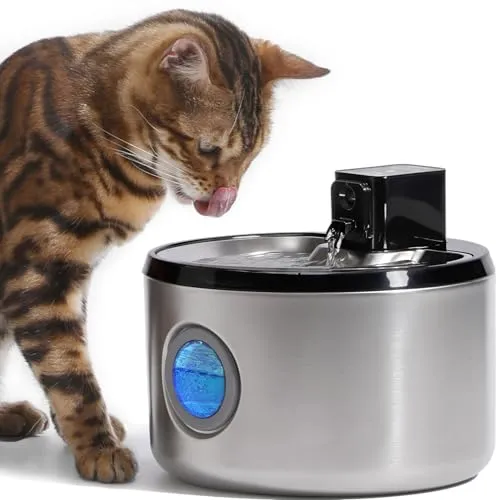 FUKUMARU 4.5L Trinkbrunnen für Katze Kabellos, Edelstahl Katzenbrunnen Kabellos mit Bewegungsmelder, batteriebetriebener Wasserspender mit 3 Modi，4000mAh, super leise und leicht zu reinigen.