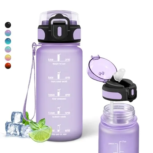 Trinkflasche Kinder 0.5 Liter Mit Strohhalm, Zeitmarkierung, Auslaufsicher
