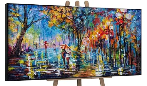 YS-Art Abstrakt Stil Acryl Gemälde auf Leinwand Herbstliche Allee handgemalt Wandbilder Wohnzimmer modern Wohndekor Bilder echte warme Kunstwerke gerahmt mit Rahmen 200x100 cm