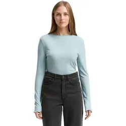 Langarmshirt TOM TAILOR DENIM, Damen, Gr. L (40), silber cloud blau, Single Jersey, Obermaterial: 48% Polyester, 48% Viskose, 4% Elasthan, unifarben, regular fit taillenbedeckt, ohne Ausschnitt, gewellter Abschluss, Shirts Langarmshirt, mit gewelltem Saum