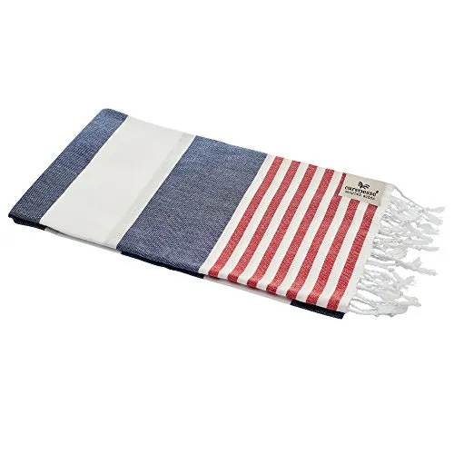Carenesse Hamamtuch Tommy 100 x 180 cm I Hamam Handtuch 100% Baumwolle im Marine Look: blau-weiß-rot gestreift I Extra breites & saugfähiges Pestemal/Fouta I Saunahandtuch mit kleinem Packmaß