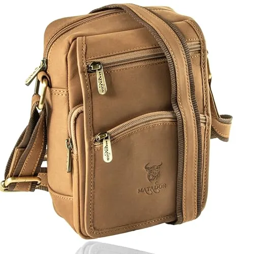 MATADOR Umhängetasche Männer aus Echtleder #AVEIRO, Bequeme Umhängetasche Herren Klein mit vielen Fächern und verstellbarem Tragegurt, Alltagstaugliche Tasche Herren Umhängetasche, Braun Hell