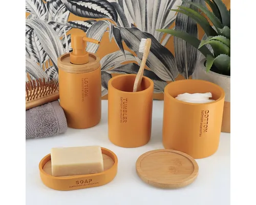 TENDANCE Badaccessoire-Set 5-teilig mit Zahnputzbecher und Seifenspender - Dieses 5-teilige Badaccessoire-Set aus robustem Polyresin und Bambus vereint modernes Design und praktische Funktionalität. Ideal für ein stilvolles Badezimmer oder Gäste-WC.
