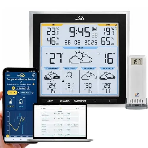 TFA 35.8105 WLAN Funkwetterstation ID-08 mit Wetterprognose - Erleben Sie präzise Wettervorhersagen für jeden Standort weltweit mit dieser WLAN Wetterstation. Bis zu 50 Sender anschließbar, inklusive Warnfunktionen bei extremen Wetterlagen.