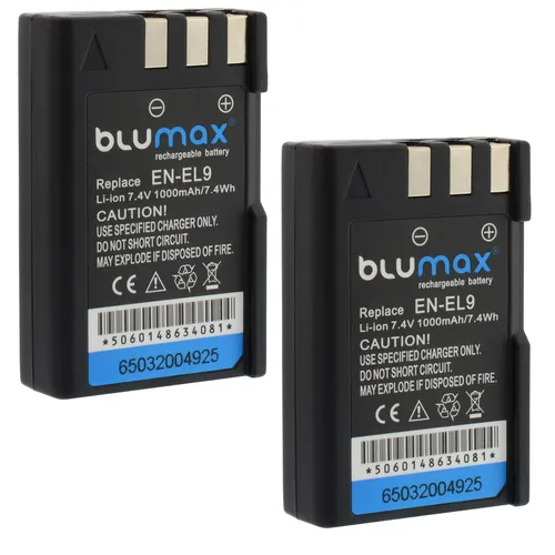 2x Blumax Akku für Nikon EN-EL9 – Zuverlässige Energie für Ihre Kamera - Hochwertiger Li-Ion Akku mit 1000 mAh für Nikon D40, D60, D3000 und D5000. Ideal für lange Fototouren, sorgt für zuverlässige Leistung und schnelle Aufladung.