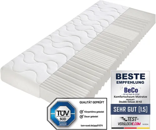 Komfortschaummatratze Double Deluxe 90x200 cm - Matratze mit Schulter-Entlastungssystem, TÜV Süd getestet und ideal für eine optimale Schlafposition. Perfekt für Allergiker mit abnehmbarem Bezug, maschinenwaschbar bis 60°C.