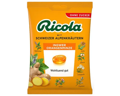 RICOLA Süßigkeit, Ricola Ingwer Orangenminze mit Schweizer Alpenkräutern ohne Zucker 75g