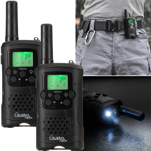 Casativo 2er-Set Profi Akku-PMR-Funkgerät mit Gürtelclip und Taschenlampe - Zuverlässige Kommunikation: Das 2er-Set Profi Akku-PMR-Funkgerät bietet eine Reichweite von bis zu 10 km und 8 Kanäle. Ideal für Abenteuer und berufliche Einsätze. Mit Gürtelclips und LED-Taschenlampe für maximale Vielseitigkeit.