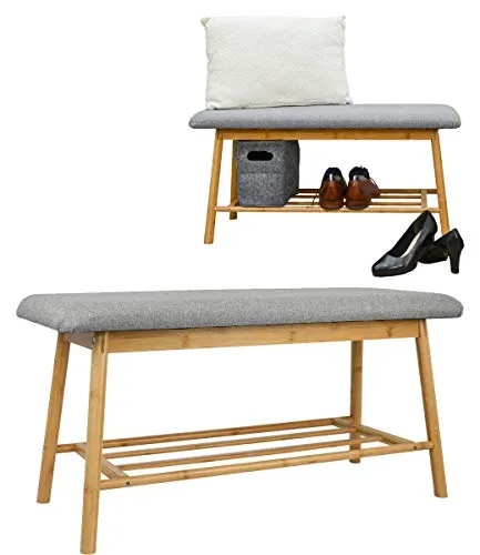 DuneDesign Nordic Sitzbank mit Schuhregal - 90x34x44 cm - Drohnenzubehör: Stilvolle Schuhbank aus nachhaltigem Bambus mit gepolsterter Sitzfläche, ideal für Flur oder Bad - feuchtigkeitsresistent und belastbar bis 120 kg.