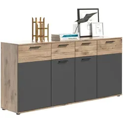 MID.YOU Kommode MASON - Modernes Design mit Softclose-Funktion - Kommoden für modernes Wohnen, bietet stilvollen Stauraum mit vier Drehtüren und zwei Schubladen. Langlebige Holznachbildung in Nox Oak und Basalt Grau, perfekt für jedes Wohnambiente.