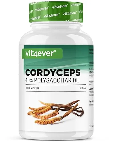 Cordyceps Pilz - Hochdosierte 300 Kapseln mit echtem CS-4 Extrakt - Pflanzliches Ergänzungsmittel mit 40% bioaktiven Polysacchariden, ideal für Vitalität und Energie. 6-Monatsvorrat aus 100% veganen Zutaten ohne Zusätze.