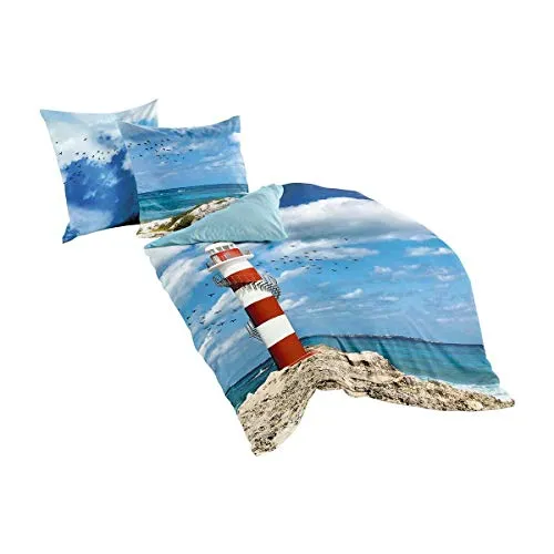 TRAUMSCHLAF Bettwäsche Leuchtturm, Mako Satin - Bettwäsche-Set im maritimen Stil, 2-teilig mit Reißverschluss, aus 100% Baumwolle für besonderen Schlafkomfort und stilvolles Ambiente.