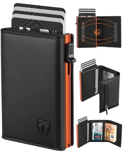 TEEHON Geldbörse Herren mit RFID-Schutz, Portmonee Herren Smart Wallet 3.0 mit 8 Kartenetui, Geldbeutel ID-Fenster, Münztasche, Kartenhalter Slim Wallet Wallets for Men (Schwarz Orange Modern)