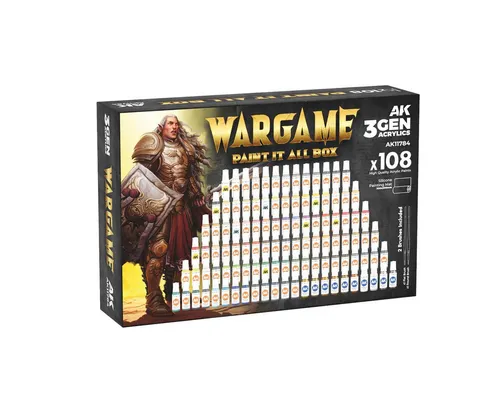 AK Wargame Paint It All Box 108 Farben 3Gen - Komplettes Set mit 108 hochpigmentierten Acrylfarben für kreative Bastelprojekte. Ideal für Armeen und Gelände, inklusive 2 Pinsel und rutschfester Silikonmatte. Perfekte Deckkraft und einfache Anwendung.
