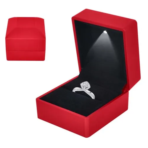 Colexy Ring Box mit LED-Licht, LED-Ringbox Beleuchtete, Samt Schmuck Geschenkbox mit LEDs-Innenbeleuchtung, Schmuck Präsentationsbox, für Verlobung Heiratsantrag Hochzeit, 5.8 * 6.3 * 5cm, Rot