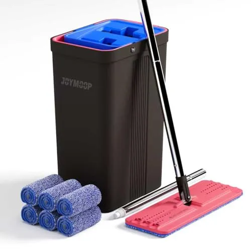 JOYMOOP Wischmopp und Eimer mit Auswringer-Set, freihändiger Flacher Bodenwischer und Eimer, mit 6 waschbaren Mikrofaser-Pads, Nass- und Trockengebrauch, Bodenreinigungssystem – Schwarz + Rot +