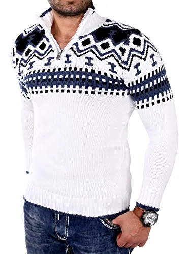 Reslad Herren Strickpullover Crewneck Zipper Norweger Pullover RS-3110 in Weiß - Vielseitiger Herren Strickpullover mit modernem Zipperdesign, ideal für kalte Tage. Bequemer Schnitt und hochwertige Verarbeitung sorgen für optimalen Tragekomfort.