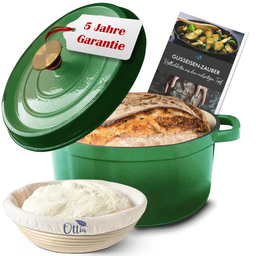 Ottia Gusseisen Topf Brot backen 26cm - Ideal für perfekte Brotkreationen - Pfannen und Brotbackform in einem: Backe knuspriges Brot mit dem Ottia Topf, inklusive Gärkorb & E-Book. Ideal für Hobbybäcker, induktionsgeeignet und hitzebeständig bis 270°C.