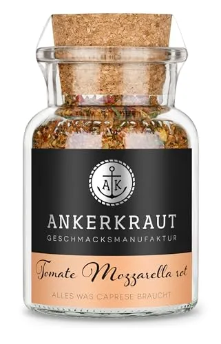 Ankerkraut Tomate-Mozzarella rot, mediterranes Gewürzsalz für Salat, mit Salz, Zwiebel, Chili und Knoblauch, 80 g im Korkenglas