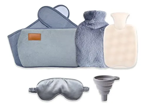 Hitopin Wärmflasche, 1L Wärmflasche aus Gummi mit Taille Bezug, 3 in 1 Wärmflasche Kautschuk mit Fleecebezug+Augenmaske+Trichter, für Beine,Füße,Nacken,Schulter,Taillenwärmung,Schmerzlinderung (Grau)