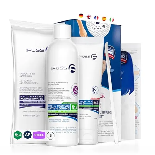 Mr. Fuss® No. 4 - Advanced Pack Steel - Klein, Nagelhaut- Hornhautentferner Sparpaket 4 tlg. Aktiv-Lösung Schnell erweichend - 250 ml, Balsam No. 2-100 ml, Watte, Edelstahl-Schaber