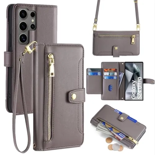 Handykette kompatibel mit Samsung Galaxy S24 Ultra | Leder Handyhülle mit Kartenfächern | Handyhülle zum Umhängen | Grau