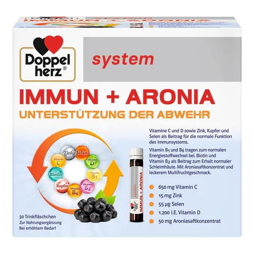 Doppelherz system Immun+Aronia Ampullen 750 ml - Multivitamine mit 500 mg Vitamin C, Zink und Selen zur Unterstützung des Immunsystems. Enthält 50 mg Aroniasaftkonzentrat für einen fruchtigen Geschmack und ist ideal für unterwegs.