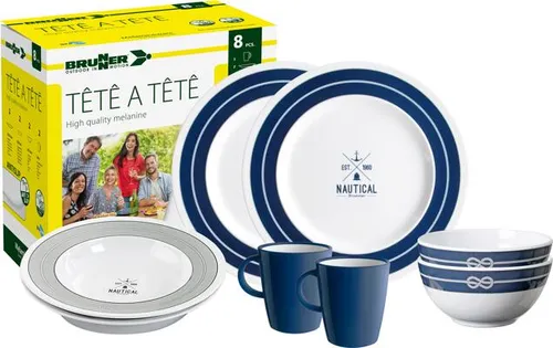 Brunner Nautical Geschirrset, 8-teilig - Melamin Geschirr-Set für 2 Personen, mit neuem Stone Touch Design - ideal für Picknicks und Camping.