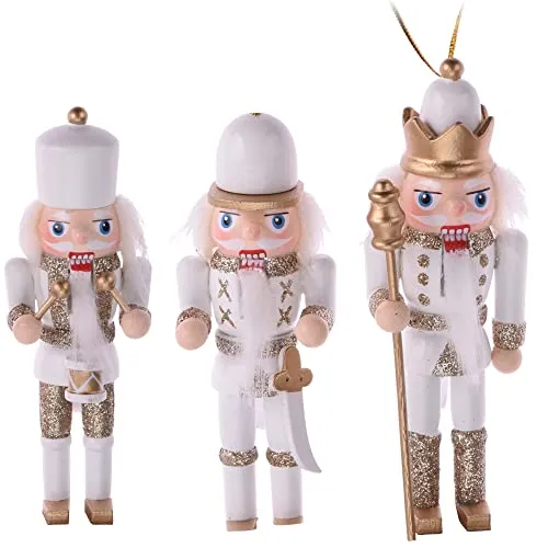com-four® 3X Anhänger Nussknacker, Weihnachtsbaumanhänger in Form eines traditionellen Nussknackers, mehrere Designs, Höhe 12 cm (goldfarben/weiß)