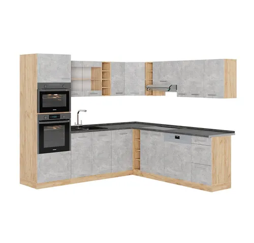 Vicco Winkelküche R-Line, Beton/Goldkraft Eiche, 237 x 247 cm - Küchenzeilen mit L-Form, höhenverstellbaren Füßen und flexibler Modulanpassung für Ihre individuelle Traumküche. Modernes Design trifft Funktionalität!