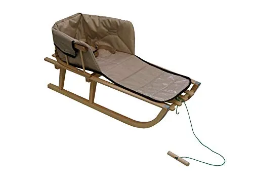 Holzschlitten für Kinder mit Rückenlehne Rodelschlitten Davoser Schlitten aus Holz mit einem Sicherheitsgurt, Rückenlehne und Winterfußsack (Natur/Beige Matratze)