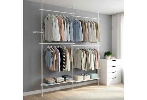 SONGMICS deckenhoher Kleiderständer, 3-stufig verstellbar mit Greifarm - Weiß - Maximaler Stauraum für Kleidung und Schuhe! Mit verstellbarer Breite von 162 bis 238 cm und Höhe von 208 bis 310 cm passt dieser Kleiderständer in jeden Raum. Einfach ohne Bohren zu montieren und stabil dank robustem Stahl.