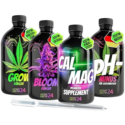 HOMEGROW24 Dünger-Quartett für Cannabis-Pflanzen - Universaldünger: 4er Set mit 500 ml Flaschen für optimale Nährstoffversorgung, fördert kräftigen Wuchs und gesunde Blüten für eine reiche Ernte.