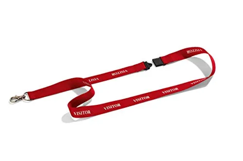 Durable Schlüsselband mit Karabiner, rot mit weißem Aufdruck Visitor, 10 Stück - Ausweishalter mit 10 roten Schlüsselbändern, ideal für Besucher. Sicherheitsverschluss öffnet sich bei Zugbelastung, 100% recycelbar und perfekt für Namensschilder.