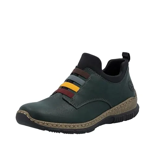 RIEKER Slip-On Sneaker für Damen, Gr. 36, schwarz/dunkelgrün - Sportliche Halbschuhe aus Lederimitat/Textil mit gepolsterter Innensohle für optimalen Tragekomfort. Ideal für Freizeitaktivitäten und einfaches Anziehen dank elastischem Gummizug.