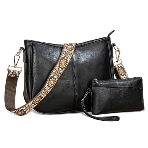 Samlonge Umhängetasche Damen, Handtasche Damen Mittelgroß, Crossbody Bag mit Breitem Gurt PU Leder Umhängetasche mit Abnehmbarem Schultergurt, Schultertasche für Täglich Arbeit Einkaufen (Schwarz)