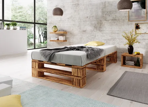 Lermowood Palettenbett M2 120 x 200 cm Geflammt Holzbett Massivholzbett Bett aus Paletten Seniorenbett Kinderbett Jugendbett