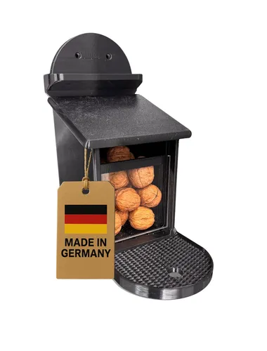 Schwarzes Eichhörnchen-Futterhaus aus Kunststoff - Wetterfestes Futterhaus für Eichhörnchen, mit durchlüftetem Innenraum und rutschfester Sitzfläche – ideal für Balkon oder Garten.
